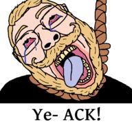 beard bloodshot_eyes chad clothes crying dead glasses hair mustache nordic_chad open_mouth rope soyjak teeth text tongue variant:bernd yellow_hair // 768x719 // 42.3KB