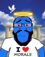 arm background beard bird black_eye blue_background blue_skin chin clothes cloud dove eye eyebrow gate glasses glowing golden_gates greek_column hair hairline halo happy head heart heaven i_love light_ray morals nose pillar salvation shoulder sky smile stubble subvariant:science_lover torso variant:markiplier_soyjak white_dove white_shirt // 808x1010 // 476.7KB