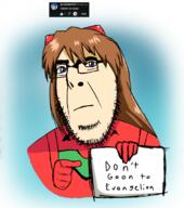 art blue_eyes brown_hair closed_mouth clothes drawfag drawing glasses hair hair_ornament hand holding_object holding_sign interface_headset looking_at_you neon_genesis_evangelion plugsuit pointing request souryuu_asuka_langley soyjak stubble text variant:cobson white_skin // 1377x1557 // 1.0MB