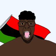afro beard black_skin clothes flag glasses looking_at_you nigger open_mouth pan_african soyjak variant:patriotjak yellow_sclera // 1023x1023 // 20.3KB