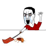 2soyjaks animated arm bloodshot_eyes cockroach crying fly_swatter glasses holding_object open_mouth red_shirt roach stubble variant:chudjak variant:gapejak // 512x512 // 95.0KB