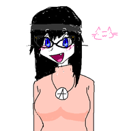 :3 animal arm avengers black_hair blue_eyes blush breasts cat cat_ear ear eyebrows fang front_facing glasses hair long_hair looking_at_you meta:not_oc necklace oekaki open_mouth tits tongue variant:soytan white_background white_skin // 480x480 // 16.2KB