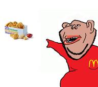 amerimutt arm belly black_sclera brown_skin chicken_nuggets clothes ear hand lips mcdonalds open_mouth pointing red_shirt soyjak stubble subvariant:impish_amerimutt variant:impish_soyak_ears variant:two_pointing_soyjaks // 605x534 // 65.8KB