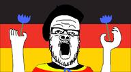 arm beret clothes cornflower country flag flag:germany flower germany glasses hand hat holding_object open_mouth plant soyjak stubble variant:a24_slowburn_soyjak // 1100x600 // 98.6KB