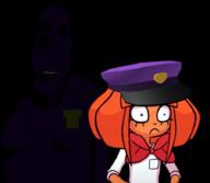 badge biting_lip black_sclera blue_eyes bowtie clothes dark five_nights_at_freddy's five_nights_at_freddy's_2 freckles hat mymy ominous ongezellig orange_hair orange_skin purple_guy purple_skin soyjak stubble subvariant:hornyson variant:cobson video_game // 901x782 // 208.8KB