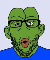 animal clothes ear frog glasses green green_skin open_mouth pepe soyjak stubble thick_eyebrows variant:nojak // 443x523 // 21.4KB