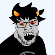 angry clothes glasses grey_skin hair homestuck horn karkat_vantas open_mouth red_eyes sharp_teeth soyjak stubble troll_(homestuck) variant:feraljak yellow_sclera zodiac // 500x500 // 11.7KB