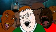 acne black_skin brown_hair glasses multiple_soyjaks open_mouth smile soyjak stubble subvariant:wholesome_soyjak variant:chudjak variant:cobson variant:gapejak variant:goopjak variant:shotjak variant:thiefjak white_skin yellow_sclera yellow_teeth // 763x434 // 220.0KB
