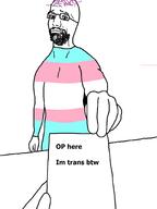 arm beard closed_mouth flag:transgender_pride_flag glasses holding_object paper purple_hair smile text tranny variant:bartender // 1536x2048 // 82.5KB