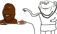 2soyjaks arm black_skin closed_mouth clothes ear food hand leg meatballs plate smile soyjak stubble subvariant:wholesome_soyjak table tyrone variant:gapejak variant:impish_soyak_ears yellow_sclera // 886x540 // 131.2KB
