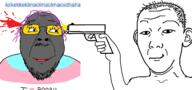 2soyjaks arm blood ear firearm glasses grey_skin gun hair hand holding_gun holding_object holding_pistol lolkek murder mustache pistol purple_hair smile soot_colors soybooru soyjak stubble text tranny variant:carterjak variant:kuzjak weapon // 1622x762 // 457.0KB