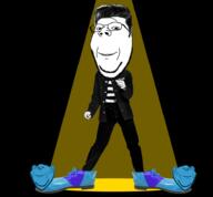 3soyjaks animated clothes clown_shoe dance ear elvis full_body glasses hair shoe smile soyjak spotlight stubble subvariant:wholesome_soyjak variant:gapejak variant:impish_soyak_ears // 945x877 // 412.8KB