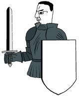 armor black_eyes chud coat_of_arms eyes full_body glasses hair hand knight meta:tagme parody shield sword template variant:chudjak white_background // 612x741 // 27.0KB
