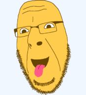 alternate emoticon glasses grin happy no_eyebrows no_teeth open_mouth series:soymoji soyjak stubble tongue variant:cobson yellow yellow_skin // 721x789 // 28.6KB