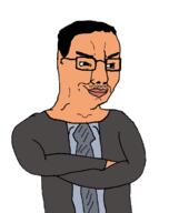 arab arm bashar_alassad closed_mouth clothes crossed_arms glasses grey_mustache hair mustache necktie orange_skin smug soyjak suit syria variant:chudjak // 552x698 // 24.7KB