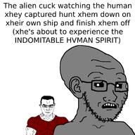 alien bald big_brain black_sclera buff closed_mouth clothes concerned ear glasses grey_alien grey_skin imminent_death indomitable_human_spirit open_mouth scared smile soyjak stubble subvariant:chudjak_front subvariant:muscular_chud subvariant:soyak_(concerned) teeth text variant:chudjak variant:soyak white_pupils // 1500x1500 // 246.6KB