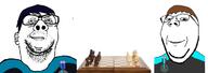 2soyjaks award blake blue_hair brown_hair chess ear glasses sharty_party smug soyjak_in stubble variant:gapejak variant:reaction_soyjak // 1207x428 // 227.2KB