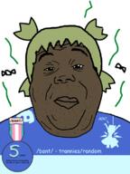 4chan anime badge bant_(4chan) cirno dark_skin discord flies green_hair hair holding_object sign soyjak stinky stubble variant:alicia yotsoyba // 592x792 // 99.2KB