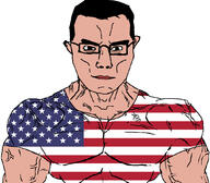 angry brown_eyes brown_skin buff closed_mouth country ear flag glasses hair soyjak subvariant:chudjak_front subvariant:muscular_chud united_states variant:chudjak // 1059x929 // 446.7KB