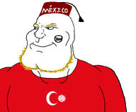 bald black_text blue_eyes buff clothes emblem english_text eyebrows eyes_like_the_o-o-cean fez flag:turkiye hat jawline mayan mexi_tvrkaryan mexico no_glasses red_shirt series:countryaryan_gem! spanish_text star_and_crescent stubble subvariant:mexiaryan turkiye variant:meximutt white_background white_skin // 1057x872 // 27.0KB