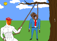 3soyjaks blond bloodshot_eyes blue_eyes buff closed_mouth clothes crying donald_trump ear full_body glasses grass hand hanging holding_object holding_rope irl leg lynching maga maga_hat mustache nicol&aacute;s_maduro noose open_mouth orange_skin outdoors rope smile smug soyjak suit sun tongue tree variant:bernd variant:chudjak variant:gapejak yellow yellow_skin yellow_teeth // 2100x1500 // 162.7KB