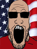brown_skin clothes flag glasses open_mouth soyjak stretched_mouth stubble sunglasses tshirt united_states variant:markiplier_soyjak // 923x1200 // 131.8KB