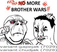 2soyjaks angry beaten blood bloodshot_eyes broken_teeth bruise closed_mouth crying glasses hair milestone nosebleed open_mouth punch soybooru soyjak stubble subvariant:wholesome_soyjak swastika text variant:chudjak variant:gapejak yellow_teeth // 861x783 // 36.6KB