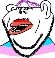 ear glasses lipstick mustache open_mouth purple_hair soyjak stubble subvariant:impish_amerimutt tranny variant:impish_soyak_ears // 598x628 // 22.4KB