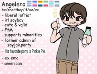 admin angeleno anime art blush blushing brown_eyes brown_hair cargo_shorts grey_shirt hair holding_object holding_soylent lgbt lgbt_flag list nas pointing_up pronouns stubble style_emulation tranny_artstyle variant:unknown // 1117x854 // 847.8KB