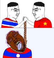 3soyjaks arm bloodshot_eyes brown_skin closed_mouth clothes crying dead flag flag:laos flag:thailand flag:vietnam glasses hair hand handshake handsome hanging laos mustache open_mouth purple_hair rope side_profile smile smug soyjak stubble thailand tongue variant:bernd variant:chudjak vietnam yellow_teeth // 1560x1677 // 211.0KB