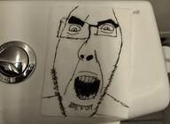 angry glasses internet_is_leaking irl looking_down open_mouth paper redraw soyjak stubble toilet variant:cobson // 959x701 // 92.0KB