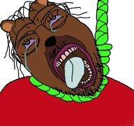 animal bear biz_(4chan) bloodshot_eyes bobo brown_skin crying dead ear glasses hair hanging open_mouth purple_eyes rope snout soyjak stubble suicide tongue variant:bernd yellow_teeth // 768x719 // 278.4KB