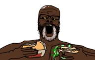 arm beard black_skin burger_king daym_drops eating food glasses grey_hair hamburger hand holding_object impossible_whopper looking_down mustache open_mouth seared_bite soyjak stubble variant:a24_slowburn_soyjak yellow_sclera youtube // 540x340 // 26.1KB