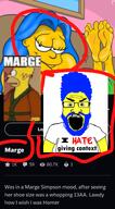 blue_hair feet_up homer_simpson i_hate marge marge_moment marge_simpson margerald subvariant:science_lover text the_simpsons variant:markiplier_soyjak yellow_skin // 1697x3072 // 1.1MB