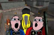 3soyjaks adrenaline_gamer ag blue_team clothes glasses half-life helmet hev_suit open_mouth red_team rocket_launcher soyjak_trio tau_cannon thrembo variant:gapejak variant:markiplier_soyjak variant:tony_soprano_soyjak voice_chat // 1160x742 // 645.1KB
