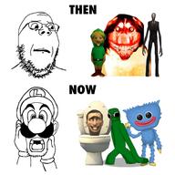 2soyjaks beard clothes creepy creepypasta funko_pop gen_alpha glasses hat horror huggy_wuggy link_(the_legend_of_zelda) luigi mario meme nas nintendo original_content rainbow_friends scared scary skibidi_toilet slenderman smile_dog then_now variant:gapejak video_game zoomer // 1378x1378 // 500.7KB