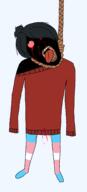 anti_ongezellig black_skin bloodshot_eyes clothes crying dead full_body hair hanging maya_(ongezellig) ongezellig rope soyjak stubble tongue tranny variant:bernd yellow_teeth // 680x1500 // 163.2KB