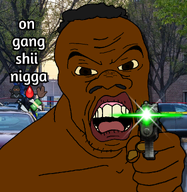 aiming aiming_at_viewer big_nose black_hair black_skin chicago emoticon english_text eyebrows frown gang gangster hair holding_gun holding_object irl_background laser laser_sight nigger oblock open_mouth pointing pointing_at_viewer soyjak squinting stubble subvariant:feralnigger teeth teeth_showing template text tongue variant:feraljak wince yellow_sclera // 1025x1050 // 935.1KB