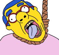 ack blue_hair cartoon glasses hair hanging milhouse_van_houten open_mouth rope soyjak suicide the_simpsons tongue variant:bernd yellow_teeth // 768x719 // 28.9KB