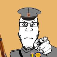 angry arm badge closed_mouth clothes glasses gun hand hat military pointing pointing_at_viewer rifle soyjak soyjak_party stubble text variant:markiplier_soyjak // 1000x1000 // 228.6KB