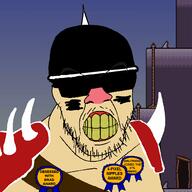 award awards background cracked_teeth helmet lisa_(game) lisa_the_painful pickelhaube pink_nose shoulder_pad strap teeth trend:aryan variant:feraljak video_game videogame war_paint white_skin // 1000x1000 // 156.8KB