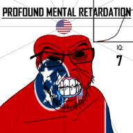 angry bald black_eyes black_hole black_sclera clenched_teeth closed_mouth cracked_teeth drool ear flag flag:tennessee flag:united_states glasses hair iq iq_bell_curve mustache nightmare_fuel no_pupils profound_mental_retardation retard soyjak star_(symbol) state stubble tennessee text united_states variant:feraljak wrinkles // 1024x1024 // 125.6KB