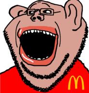 amerimutt black_sclera brown_skin clothes ear glasses mcdonalds open_mouth soyjak stubble subvariant:impish_amerimutt subvariant:soyimp variant:impish_soyak_ears // 574x596 // 11.7KB