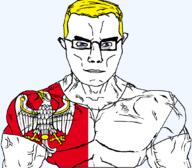animal arm bird blue_eyes buff closed_mouth clothes country eagle flag flag:greater_poland glasses greater_poland hair poland soyjak subvariant:chudjak_front subvariant:muscular_chud transparent transparent_background tshirt variant:chudjak vein voivodeship yellow_hair // 1059x929 // 142.1KB