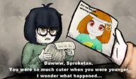 2soyjaks acne arm art bloodshot_eyes buck_teeth clothes contacts drawfag drawing dyed_hair eyebags female full_body hair necklace pale_skin paper photo rotten_teeth scar shadow sweater table text tshirt variant:soytan variant:sproketan yellow_eyes // 1242x725 // 1.0MB