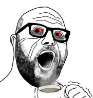 bloodshot_eyes coffee glasses open_mouth soyjak stubble tired variant:hot_sauce wrinkles yellow_teeth // 755x802 // 207.9KB