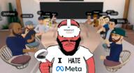 angry arm balding beard closed_mouth clothes fist forehead_lines forehead_wrinkles glasses hair hand holding_object i_hate logo metaverse punisher_face red red_skin screenshot soyjak subvariant:science_lover t-shirt text tshirt variant:markiplier_soyjak virtual_reality vr_controller vr_headset // 1023x566 // 555.4KB