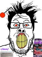 antenna badge bottle clenched_teeth cough_medicine drugs dxm glasses hair meds merge r_dxm red_eyes reddit redditard schizophrenia soyjak stubble variant:a24_slowburn_soyjak variant:feraljak variant:markiplier_soyjak yellow_teeth // 600x800 // 284.7KB
