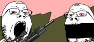2soyjaks angry bloodshot_eyes crying drawn_background fal firearm glasses open_mouth soyjak stubble torture variant:gapejak weapon // 1078x487 // 133.0KB