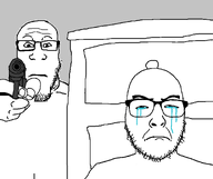 2soyjaks bald crying drawer furniture glasses grey_background gun holding_gun stubble subvariant:neutralplier variant:markiplier_soyjak variant:uncjak // 1690x1417 // 176.3KB